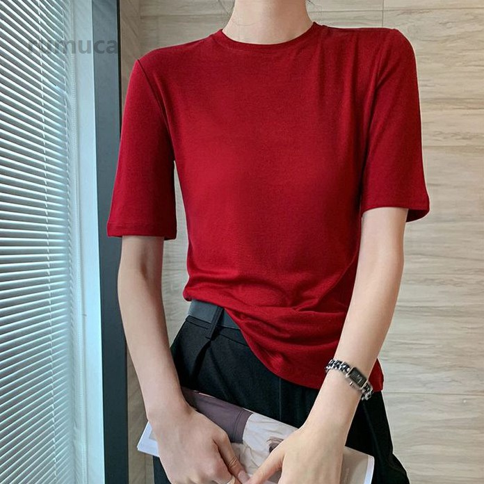 五分袖 Tシャツ 無地 クルーネック ハーフオー テンセルウール混 スリム きれいめ 通気性抜群 通勤 デイリー インナー 合わせや