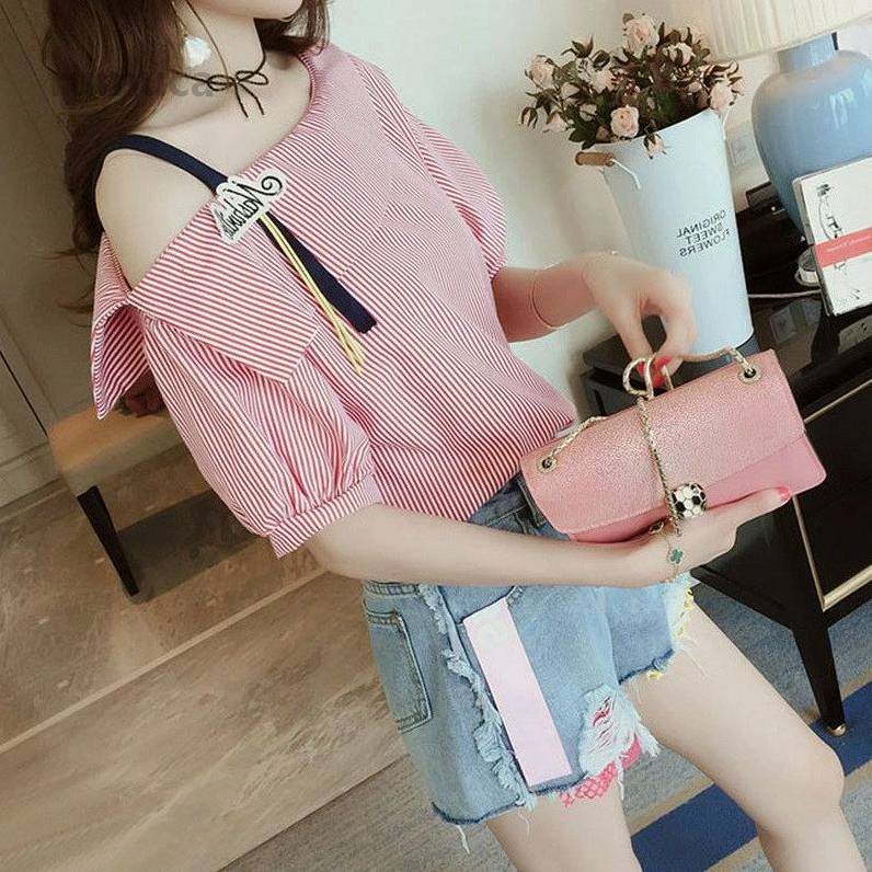 ワンショルダー 夏 半袖Tシャツ 春 ストライプ柄 シャツ おしゃれ 送料無料 アシンメトリーカラー 肩開き オープンシ
