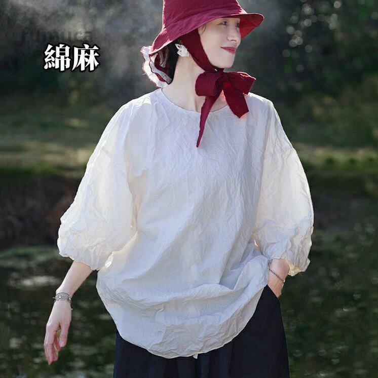 コットンTシャツ 綿麻tシャツ クルーネック カジュアルTシャツ レディース ゆったりTシャツ 丸首 七分袖シャツ 快適 通