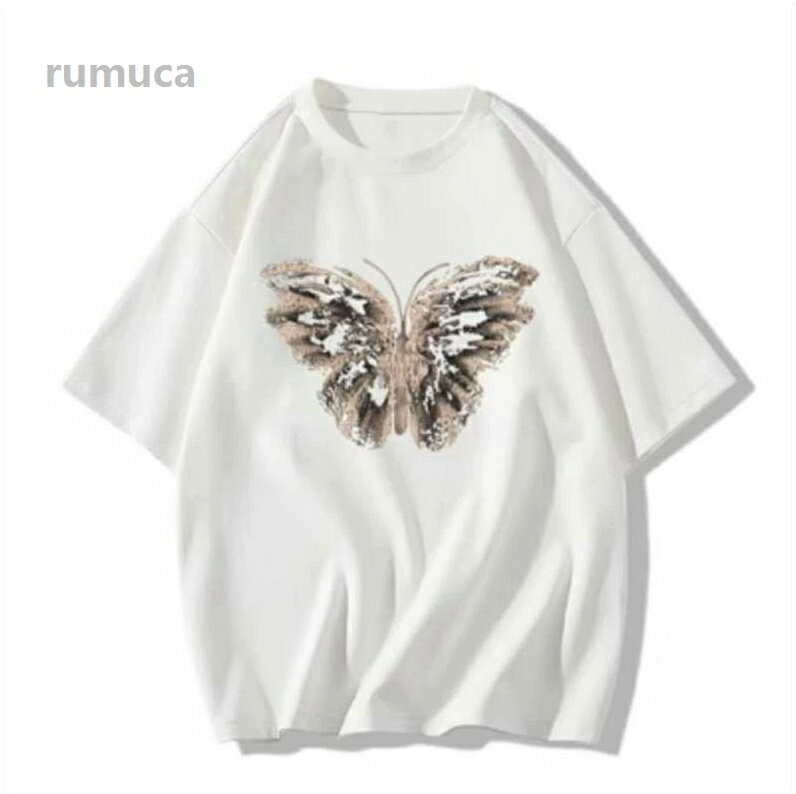 Rakuten - 送料無料 レトロ 送料無料 Tシャツ クール バタフライ ゆったり 存在感 カットソー デイリー オーバーサイズ 半袖 抜