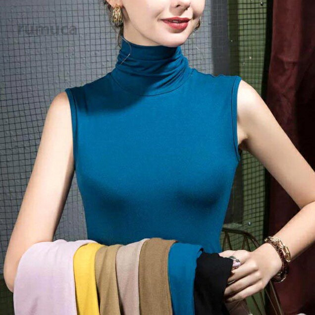 ハイネック ノースリーブ タートルネック 春夏 薄手 ボトルネック モダール ノースリ トップス UVカット カットソー Tシャツ ス 2