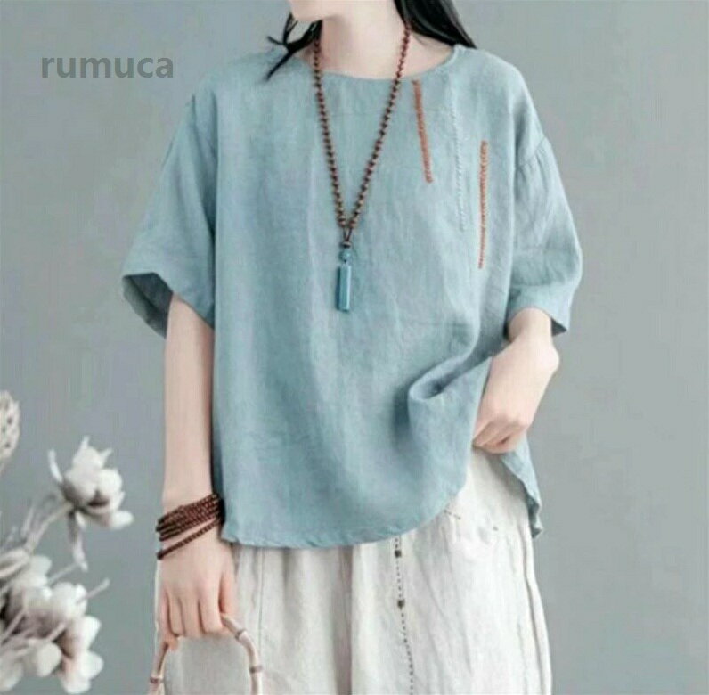 乐天商城 - 刺繍 レディース 夏 ゆったり トップス 夏Tシャツ tシャツ クルーネック 半袖 プルオーバー ナチュラル 体型カバー