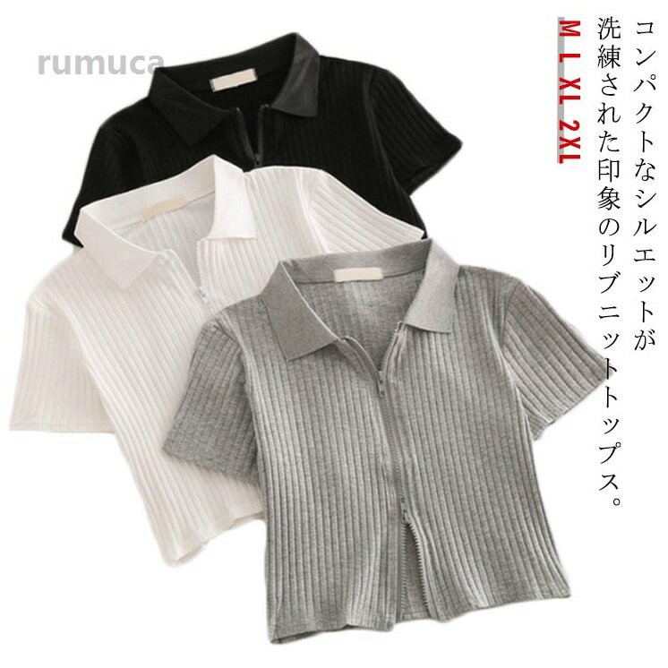 Rakuten - 送料無料 半袖 ポロシャツ レディース ニット ショート丈 Tシャツ トップス クロップド丈 サマーニット 薄手 ニットTシャツ リブ
