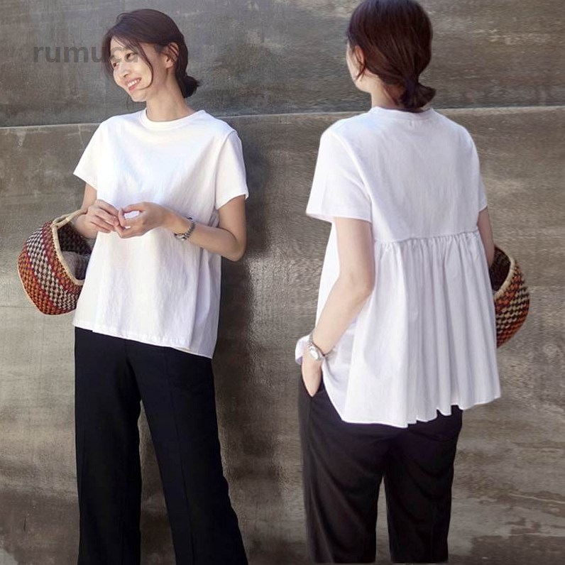 Tシャツ 白シャツ 白トップス 袖あり 半袖 ラウンドネック 切り替えデザイン フリ...