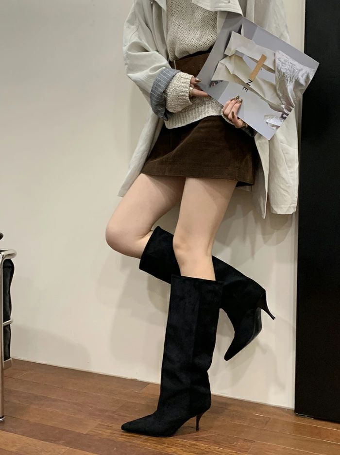 12/21まで／ ロングブーツ レディース 7cmヒール ワイドシャフトブーツ ピンヒール ハイヒール ポインテッドトゥ ストレート ス 3