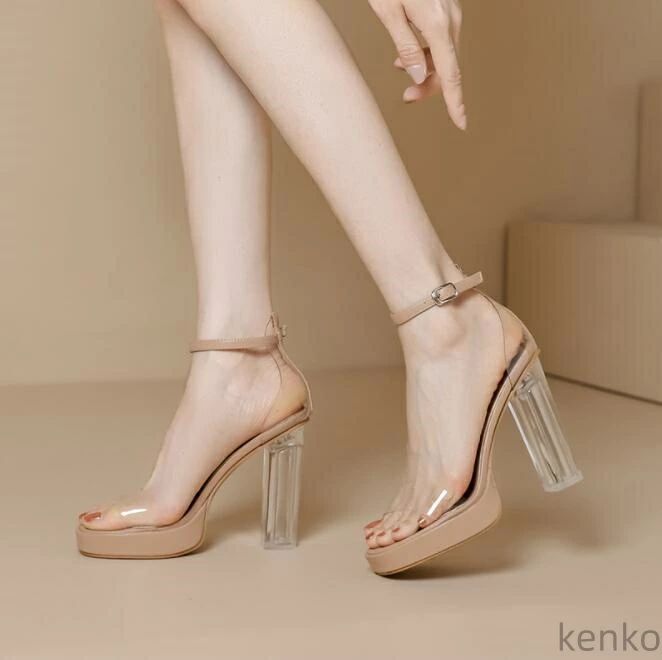 乐天商城 - 太ヒール チャンキーヒール 8cm/10cm/12cmヒール サンダル ベルト 美脚サンダル