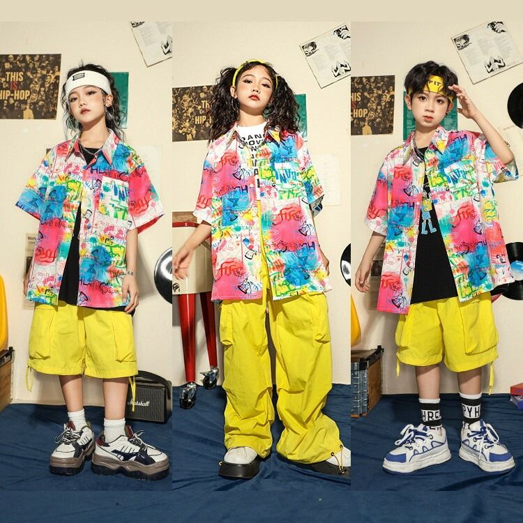 Rakuten - ピ イエロー短パン へそ出し 白 黒 タンクトップ 水彩 ネオンピンク 派手 ダンス衣装 キッズ 半袖 柄シャツ 半袖 男の子 女の子