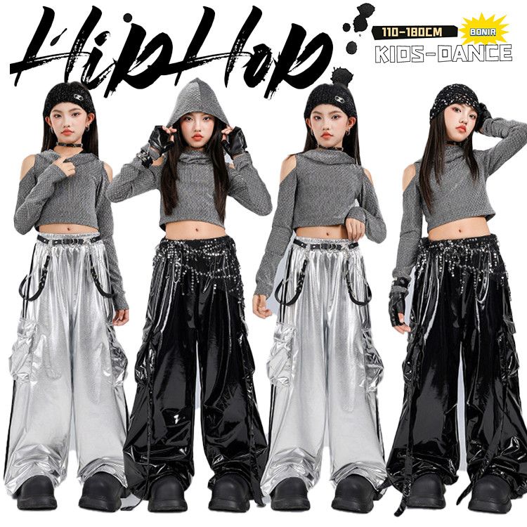 革 ブラック カーゴパンツ シルバー ダンス衣装 キッズ 子供服 へそ出し 女の子 フ...