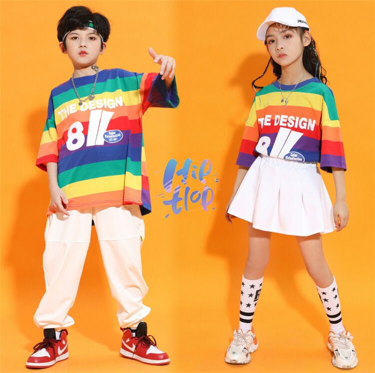 スポーツウ 子供服 チアガール tシャツ+スカート 女の子 ヒップホップ 半袖 虹色 2点セット tシャツ+パンツ 男の子 セットアップ