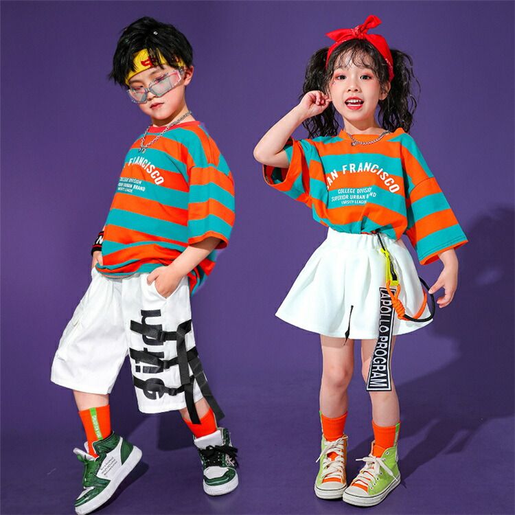 セットアッ キッズダンス衣装 ファッション 子供服 白パンツ tシャツ ボーダー柄 スカート 女の子 ダンス衣装 ヒップホップ 衣装