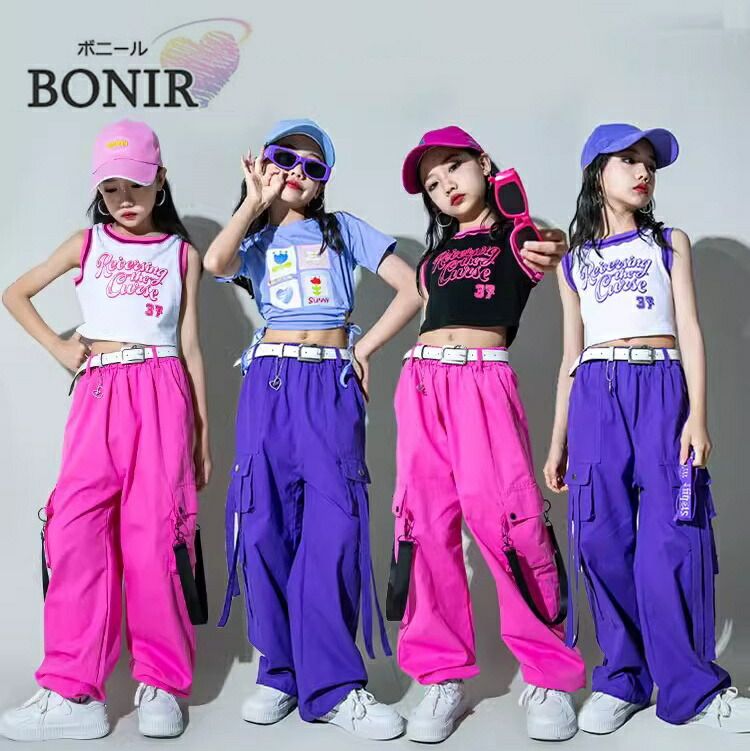Rakuten - シャツ へそ出し タンクトップ カーゴパンツ 上下セット パープル ピンク ヒップホップ セットアップ ダンス衣装 子供服 キッズ