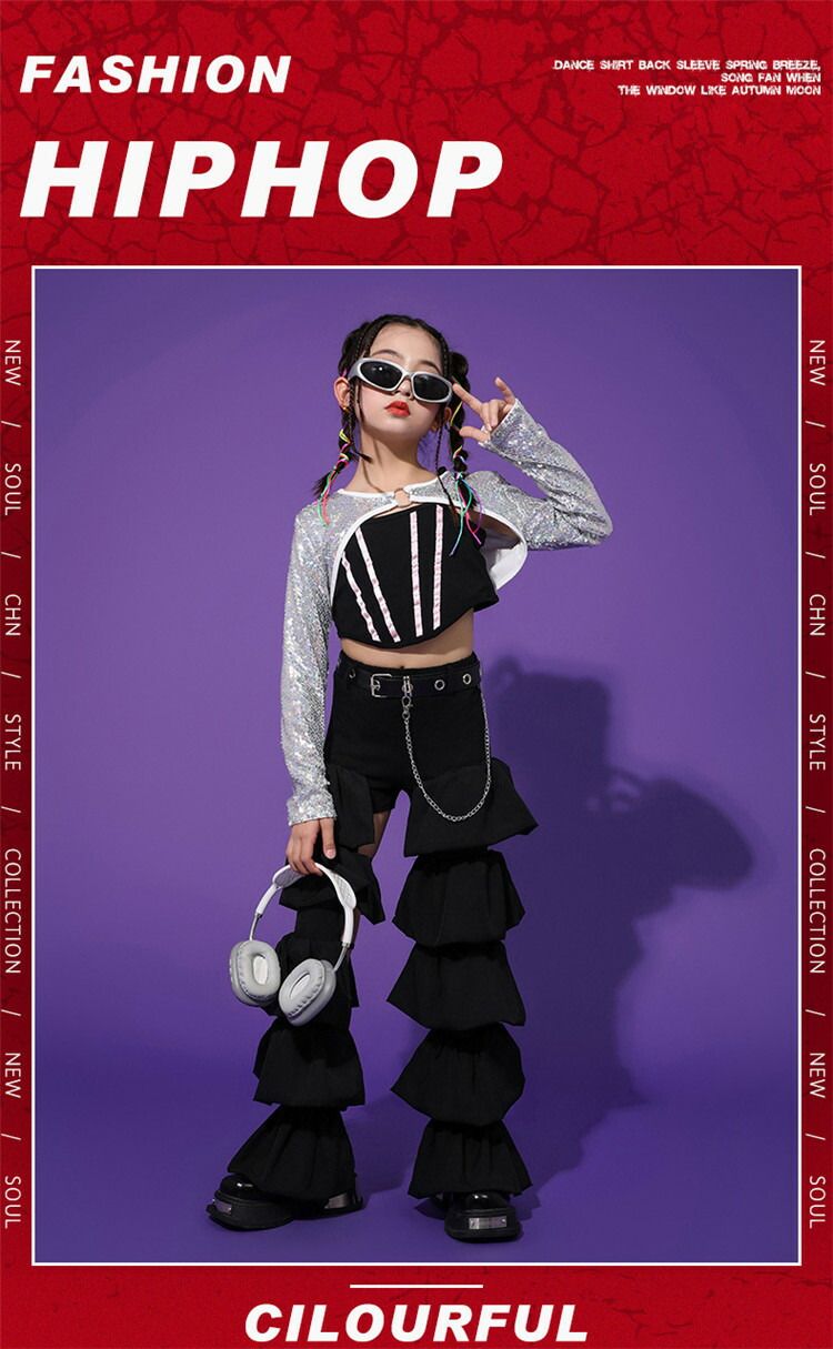 チ 女の子 キャミソール へそ出し ロングパンツ ジャケット シルバー 長袖 キラキラ チアガール 個性 スパンコール キッズダンス [2]