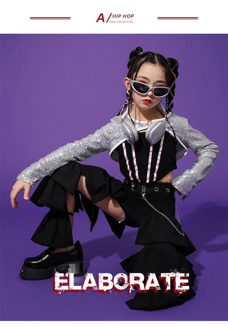 チ 女の子 キャミソール へそ出し ロングパンツ ジャケット シルバー 長袖 キラキラ チアガール 個性 スパンコール キッズダンス [3]