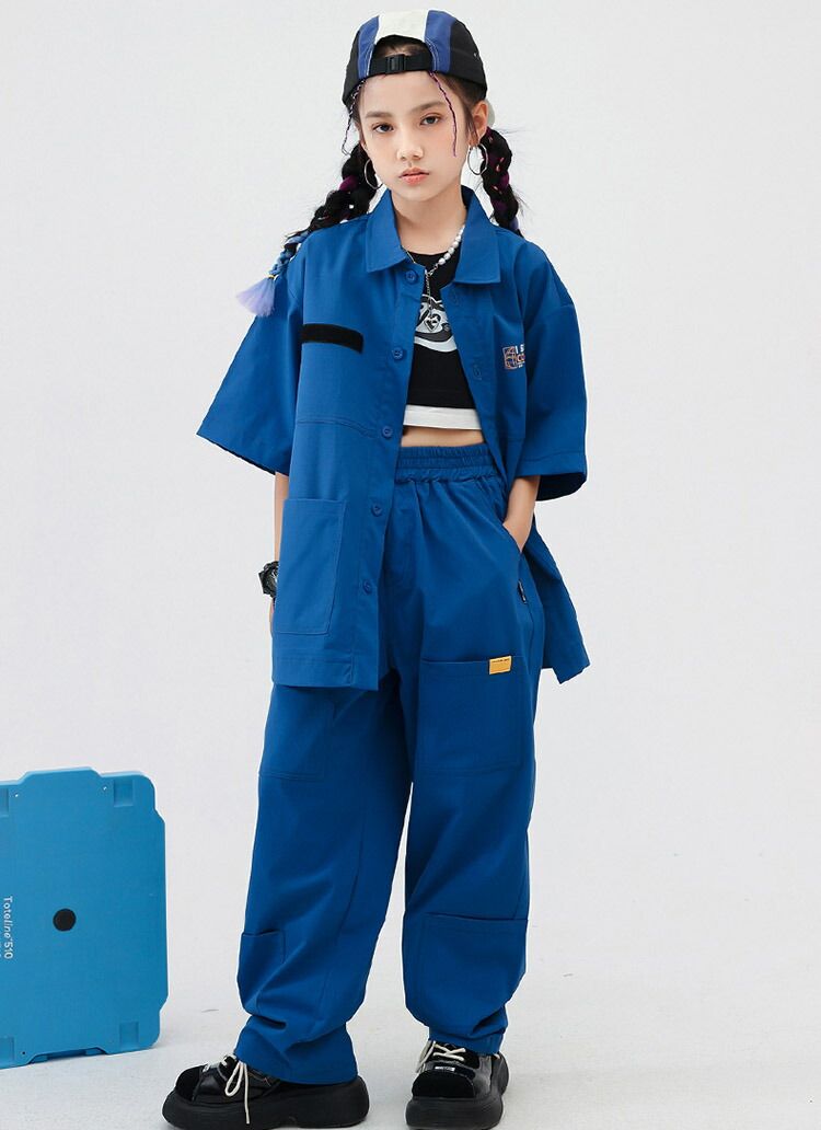 青色 カーゴパンツ シャツ ダンス 衣装 キッズ 韓国 夏 半袖トップス HIPHOP ヒッ...