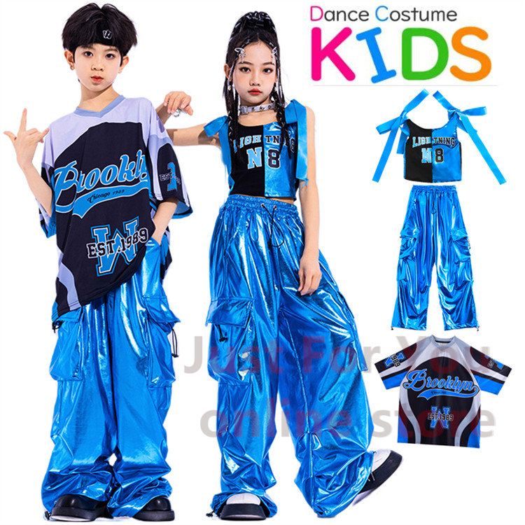 Other - 光沢 青色 カーゴパンツ シャツ キッズダンス衣装 セットアップ ガールズ 女の子 タンクトップ 子供服 ヒップホップ キッズ ダン
