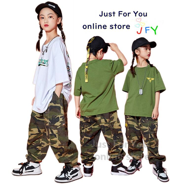 Rakuten - カーキグリーン ダンス 衣装 ヒップホップ 夏 tシャツ 迷彩ズボン 子ども2点セット 半袖 迷彩パンツ ミリタリー系 女の子 男の
