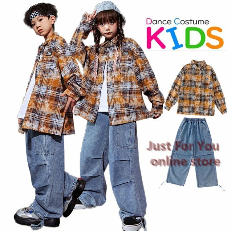 タータンチェック 柄シャツ ジーパン 青色 デニムパンツ キッズ ダンス 衣装 男の子 女の子 タッボパン カーゴパンツ ジャズダン
