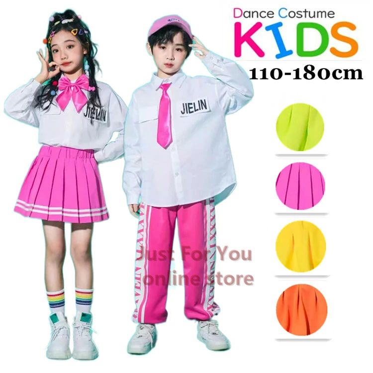 Asia, Korea - 蛍光緑 バラ色 黄 橙 韓国 ギャル 子供 服 キッズダンス衣装 女の子スカート シャツ 蝶結び付き 応援団 チアリーディング hiphop