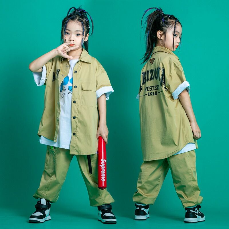 ベージュ 字母柄 キッズ ダンス衣装 セットアップ ヒップホップ 半袖 長袖 シャツ ...