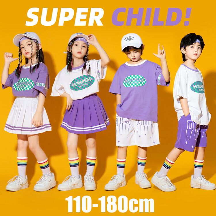 乐天商城 - キッズダンス衣装 セットアップ ヒップホップ へそ出し トップス スカート パンツ パープル ガールズ ジャズダンス HIPHOP 女の