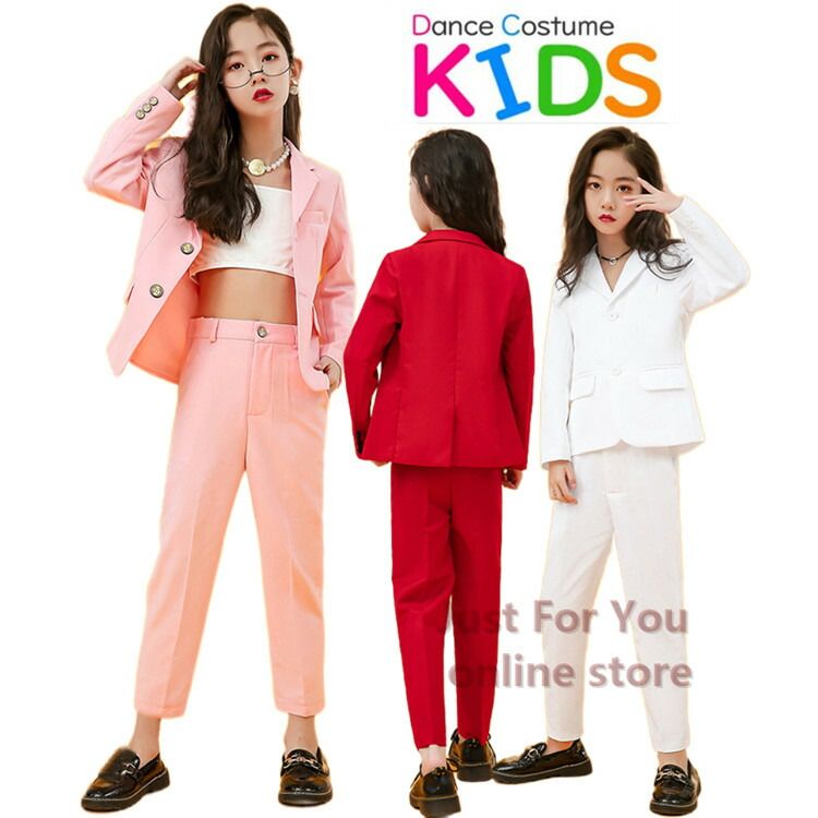 乐天商城 - 赤 白 黒 パンツ スーツセット 女の子 セットアップ ダンス衣装 ヒップホップ クロスーツ ダンスファッション 無地 ガールズ ジ