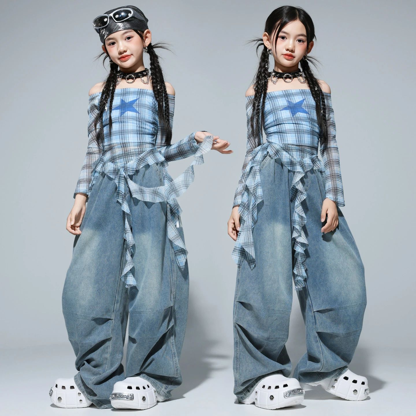星 キッズダンス衣装 セットアップ 長袖 ダンクトップ デニムパンツ ヒップホップ Tシャツ ダンス 衣装 子供服キッズ