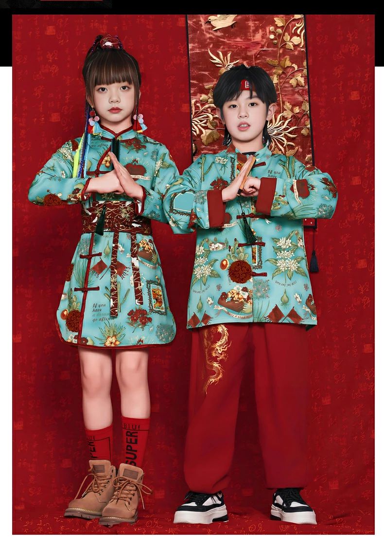 Rumucaのキッズ コスプレ 舞台 シャツ パンツ ワンピース キッズ ダンス衣装 中国風 ステージ演出服 女の子 男の子 長袖｜アングル2