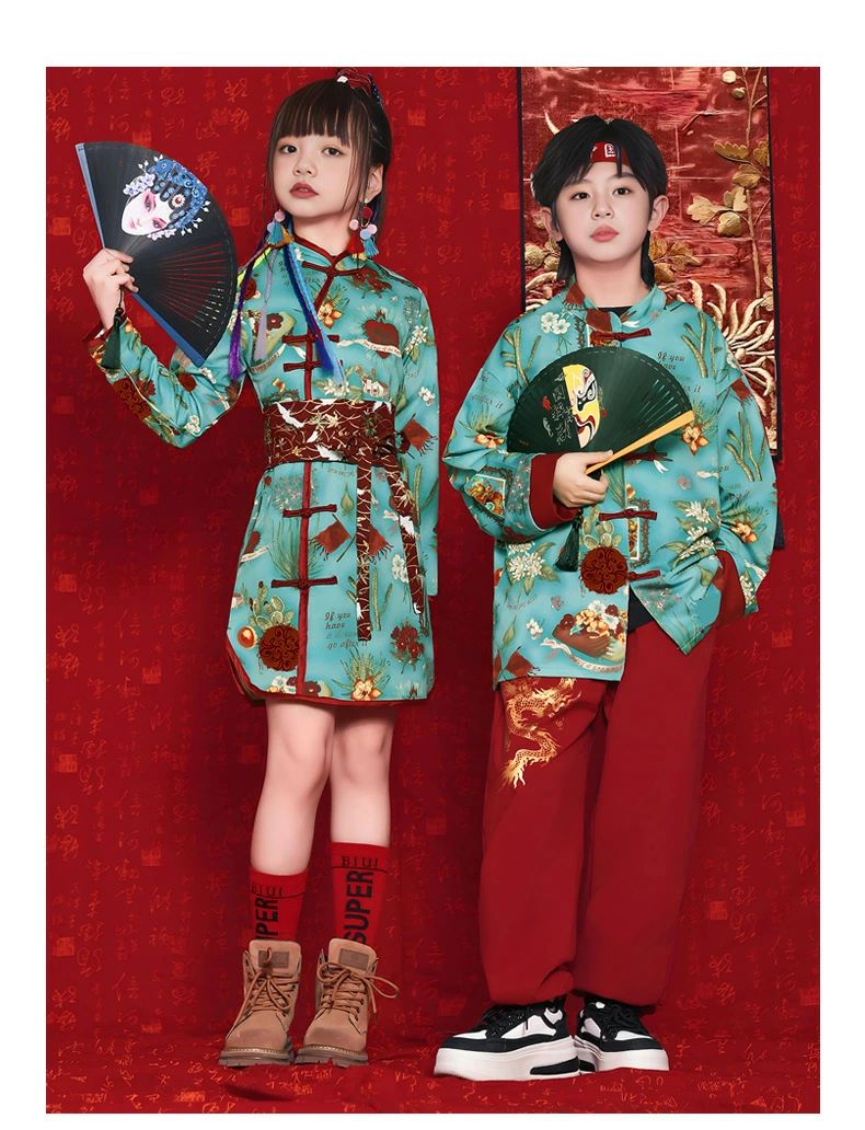 Rumucaのキッズ コスプレ 舞台 シャツ パンツ ワンピース キッズ ダンス衣装 中国風 ステージ演出服 女の子 男の子 長袖｜アングル3
