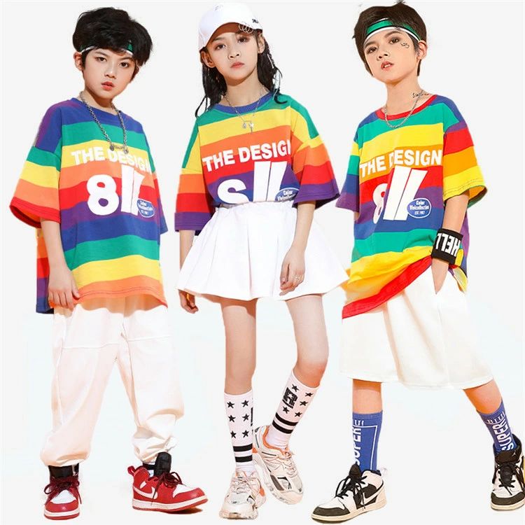Rakuten - キ 練習着 ダンス ボーダー柄 男の子 女の子 チア k-pop 衣装 ダンス 白 虹色 スカート パンツ 小学生 セット キッズダンス衣装