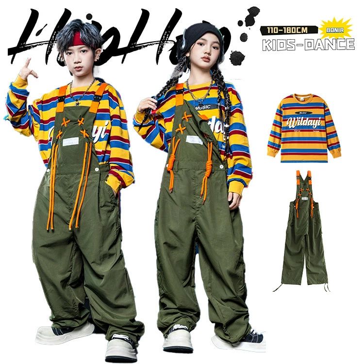 こど k-pop jazz オールインワン サロペット カーキグリーン ダンス衣装 キッズ 子供服 男の子 女の子 スウェット 長袖 イエロー