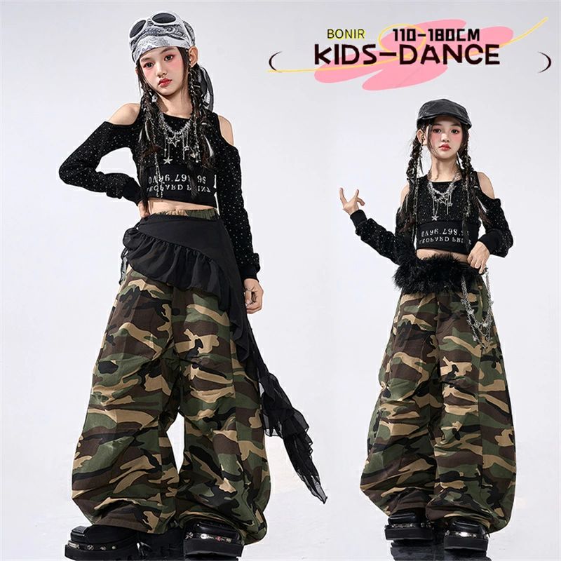 チー ワイドパンツ 迷彩パンツ へそ出し 肩出しトップス 長袖 ブラック 女の子 DANCE 舞台衣装 発表会 子供服 ジャズ ダンス衣装