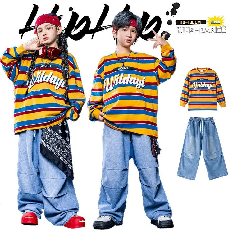 ジュニア こども k-pop jazz 長袖 ボーダー ブルー イエロー ダンス衣装 キッズ 子供服 男の子 女の子 バンダナ 黒 赤 ズボン キッズ ダンスウェア ダンス衣装 セットアップ 個性 団体服 カッメーカー希望小売価格はメーカーカタログに基づいて掲載しています