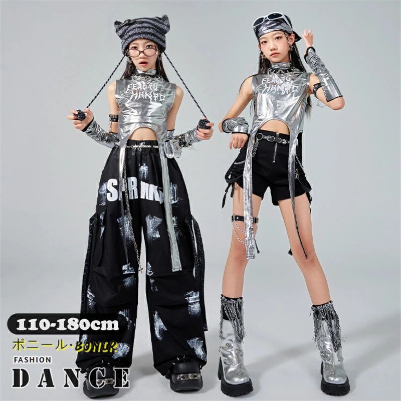 Other - ヒ チーム衣装 ショートパンツ ワイドパンツ へそ出し タンクトップ シルバー ブラック ジャズ JAZZ 女の子 発表会 ダンス衣装