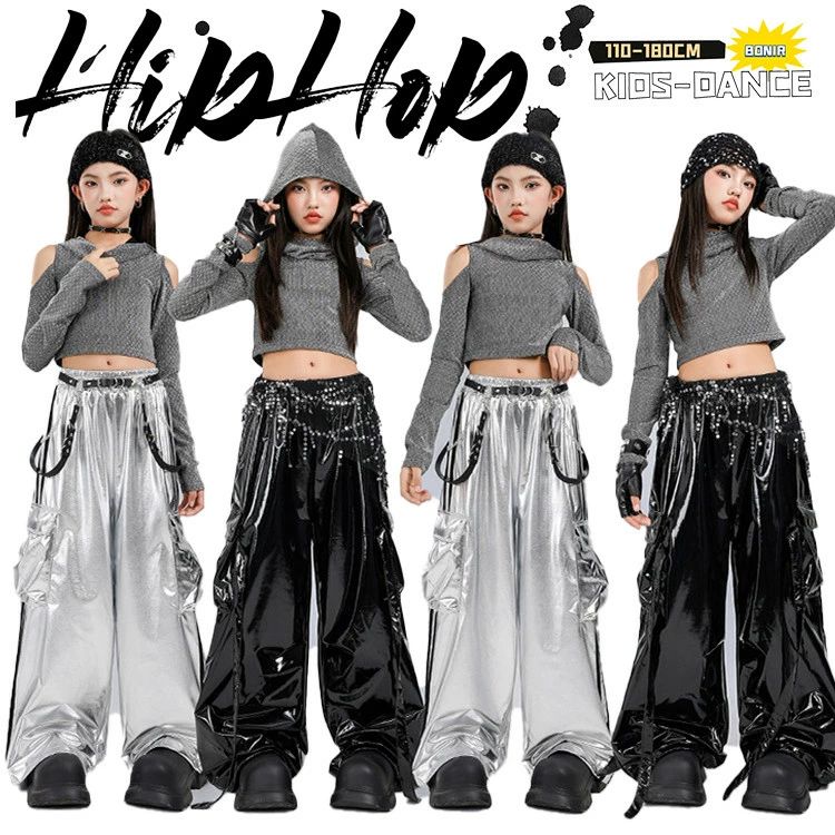 革 ブラック カーゴパンツ シルバー ダンス衣装 キッズ 子供服 へそ出し 女の子 フード付き 長袖 オフショルダー 肩出し グレー
