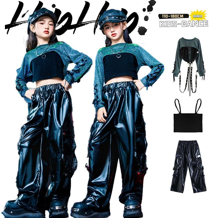ダンス衣装 キッズ 子供服 女の子 ダンスウェア リボン付き へそ出し長袖 スパンコール グリーン スーパークロップドトップス