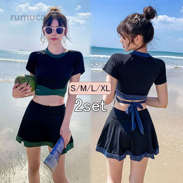 乐天商城 - ワイ パッド付き Tシャツ ショートパンツ 水着 韓国 スポーツウエア 上下セット タンキニ 2点セット レディース 体型カバー 水着