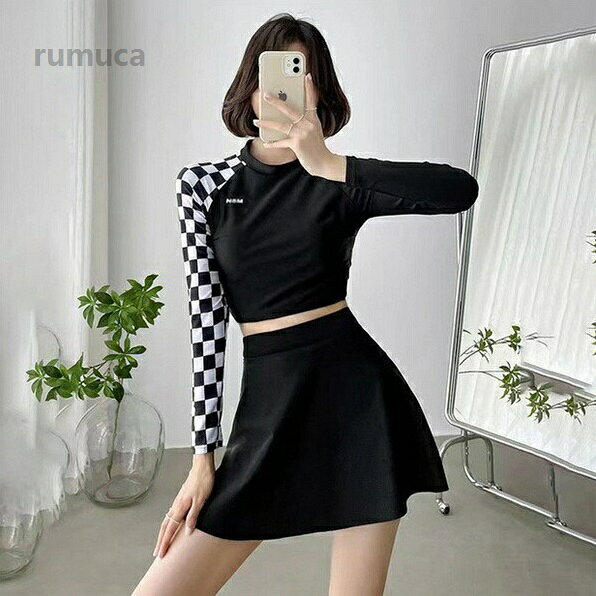 Rumucaの体型カ 太もも お腹 水遊び 旅行 夏 沖縄 ショートパンツ付 パッド付き チェック柄 長袖 女の子 スカート レディース 上下セット｜アングル3