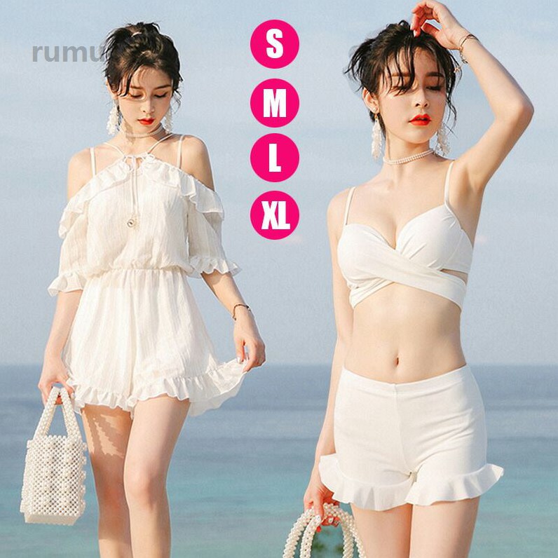 Swimming - ★ 白 水着 高校生 レディース ラッシュガード 体型カバー セパレート 水着 ビキニ 3点セット パンツ ワンピース 水着 レディー