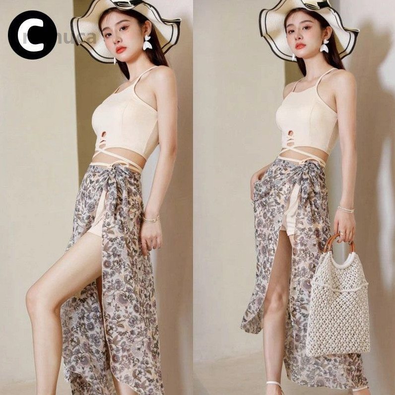 バンドゥ 無地 パレオ ビキニ ママ レディース 3点セット ロングスカート ハイネッ...