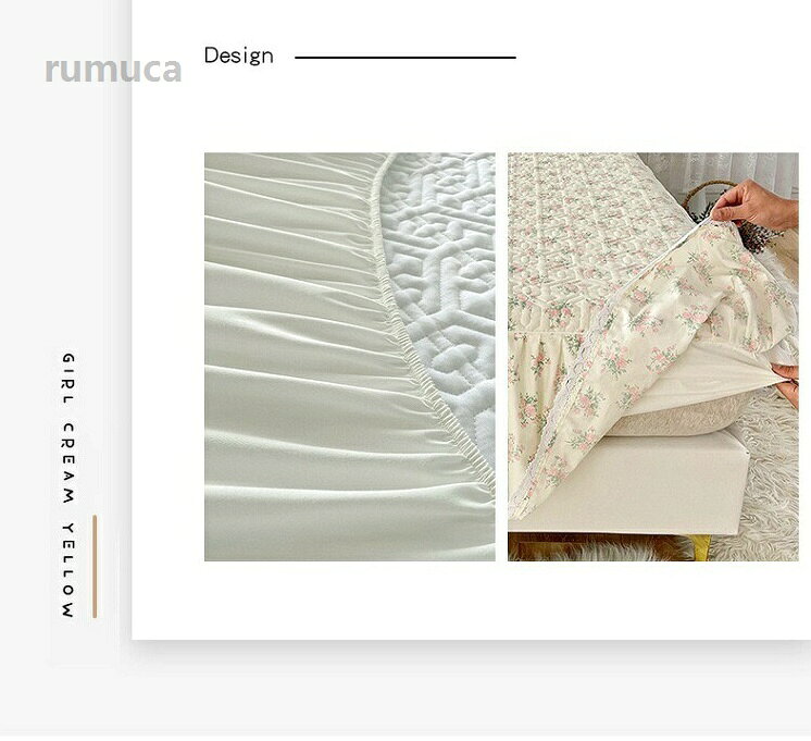 Rumucaの洗 冬 秋 夏 春 オールシーズン ズレ防止 姫系 中綿 キルティング 敷パッド一体型 フリル付き マットレスカバー キルティング 綿｜アングル3