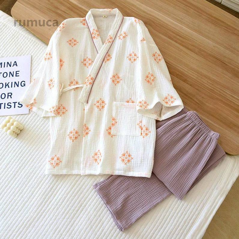Purple - パジャマ 吸汗吸湿 ホテル 前開き お風呂 春 浴衣 秋 夏 作務衣 レディース 甚平 浴衣 ねまき 二重 ガーゼ 綿 五分
