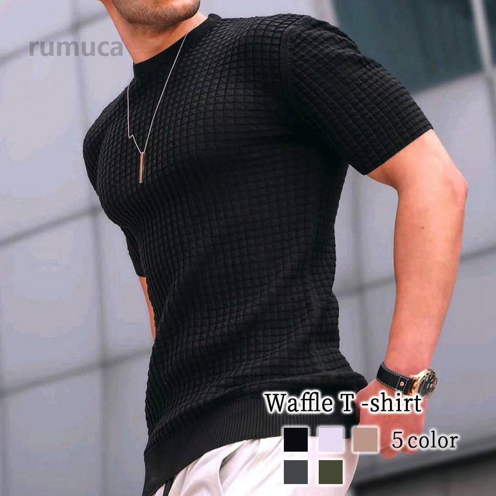 Shirts - スポ ワッフル ブランド 人気 40代 7分袖 おすすめ ゆったり シャツ Vネック 春 おしゃれ 薄手 コットン ワッフルTシャツ メンズ