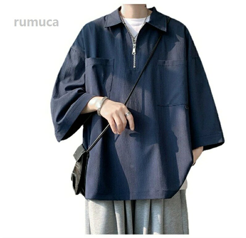 メンズ 五分袖 無地 ハーフジップ POLO 半袖 トップス ゆったり 夏服 胸ポケット お兄系 5分袖 poloシャツ ゴルフウ