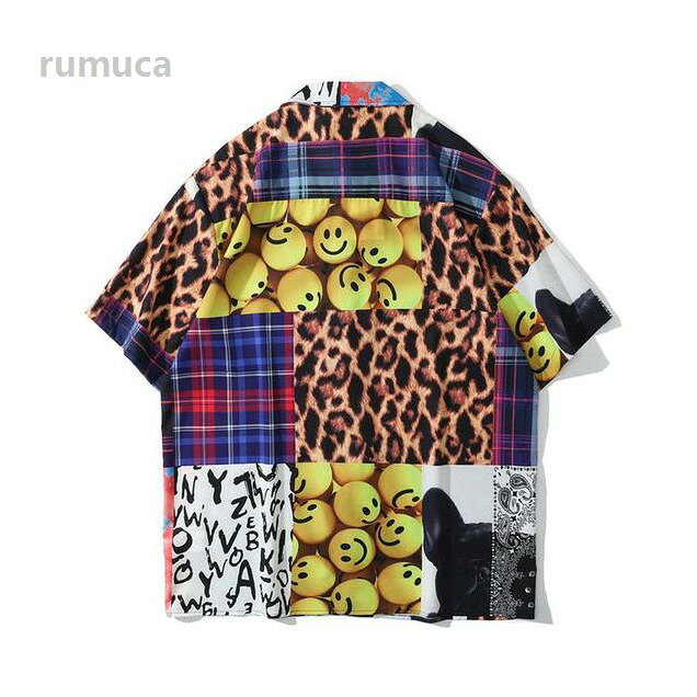 Rumucaのス 大きいサイズ シャツ 半袖 派手 チェック カモフラ ヒョウ柄 パッチワーク ストリート ダンス衣装 ペイズリー シャツ メンズ｜アングル2