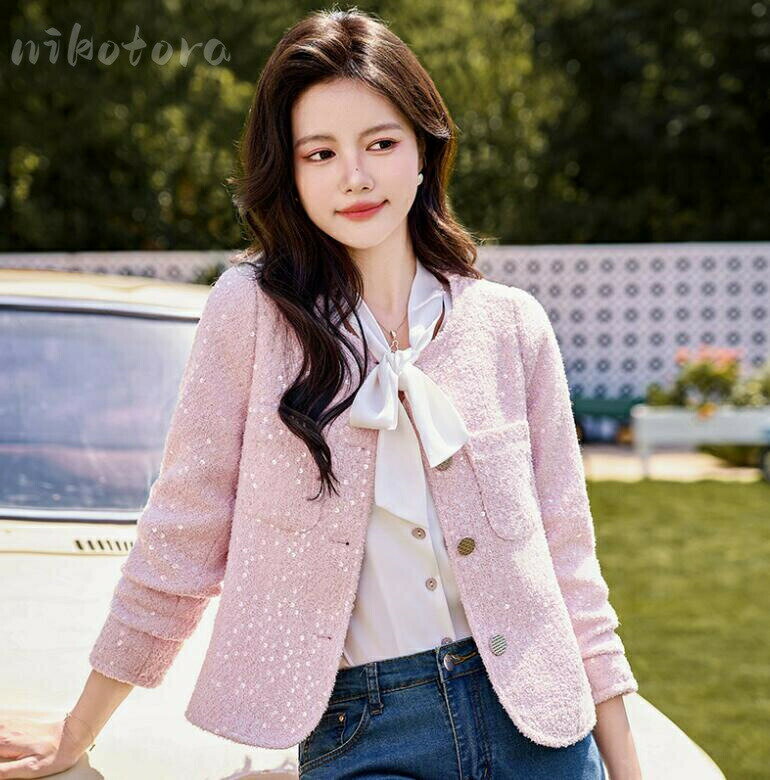 ノーカラージャケット ツイード ジャケット ノーカラー レディース ファッション 長袖 スーツコート ショート丈 ボタンジャケット スプリングコート アウター ...