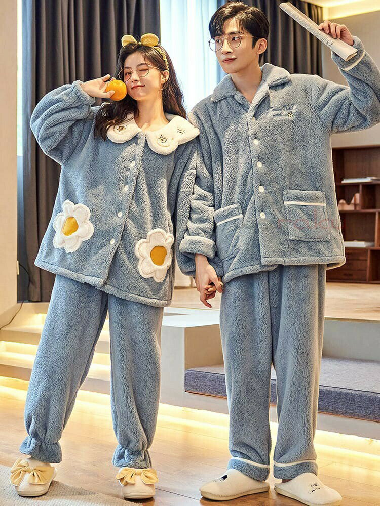 ペアパジャマ 冬 部屋着 もこもこ ペア カップル ルームウェア 前開き セット パジャマ レディース メ..
