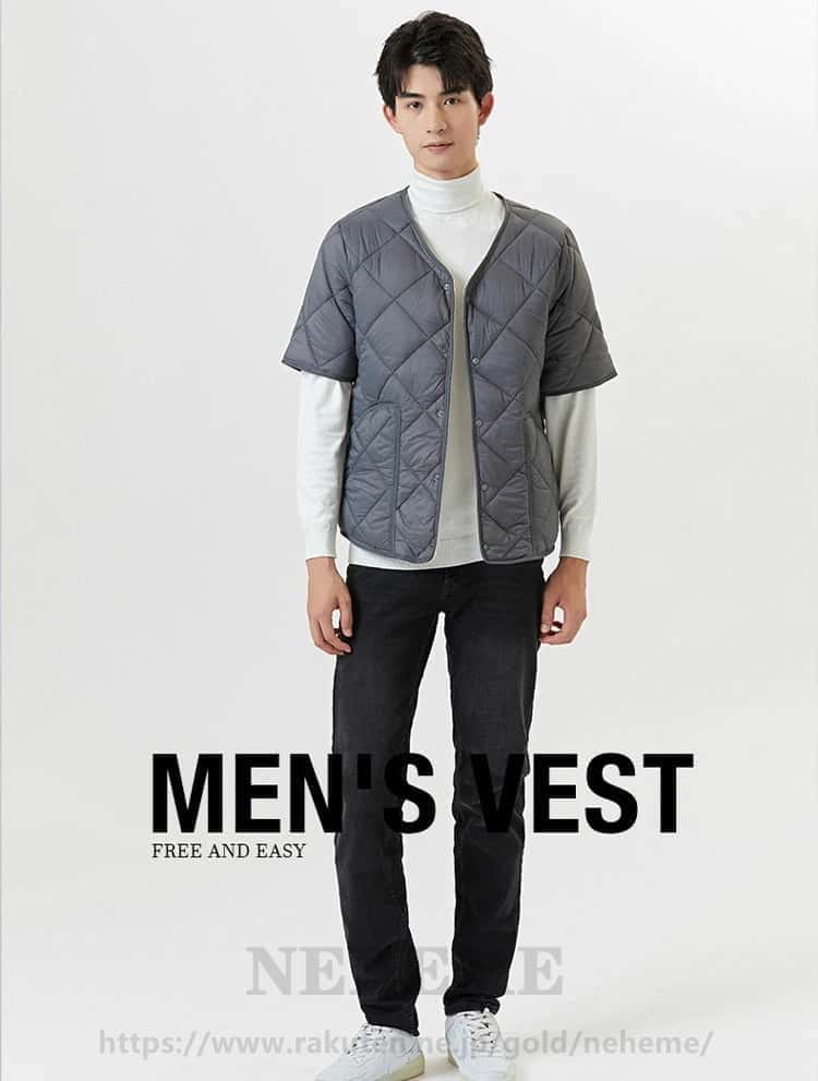 半袖ジャケット 中綿ジャケット メンズ ダウンジャケット 裏ボア 裏起毛 軽量 シンプル 無地 ポケット付き Vネック 保温 暖かい あった