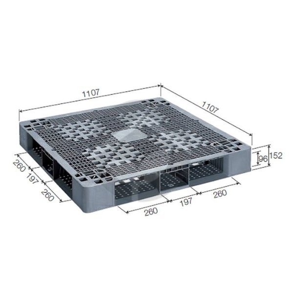 外寸：1107×1107×152mm 材質：強化PP 重量：27.4kg 静荷重：4000kg 動荷重：1200kg ハンドリフト対応製品 ※注意※ 本商品は法人様宛限定となりますので配送先の屋号(会社名や団体名)の記載をお願い致します。 また個人様宛の場合は配送会社営業所止めにて対応させていただきます。ご注文の際備考欄に「営業所止め希望」とご記載ください。