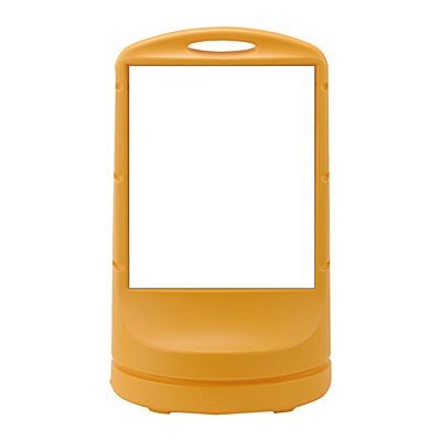 サイズ：H800×W480×D340mm(表示板/470×390×1mm) 材質：本体/ポリエチレン、表示板/PET 質量：3kg(満水時/約34kg) 仕様：表示板固定用ねじ2個付き(ナット本体埋め込み) カラー：イエロー路上標識＞スタンドサイン
