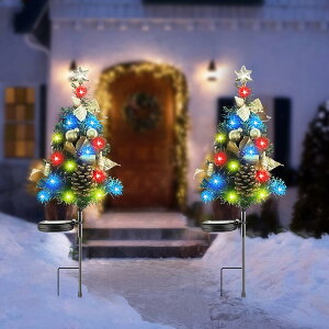 【2本セット】 クリスマスツリー 65cm ガーデンライト オーナメントセット LED ライト付 屋外 防水 ソーラー クリスマス ツリー 埋め込み 屋外装飾 16LEDライト イルミネーション クリスマス ガーデン装飾 通路 パーティー 北欧 コンパクト 省エネ プレゼント ギフト